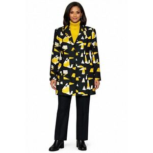 NYGARD Women's Linen Rayon Long Blazer Jacket 12 Black Yellow Abstract Print